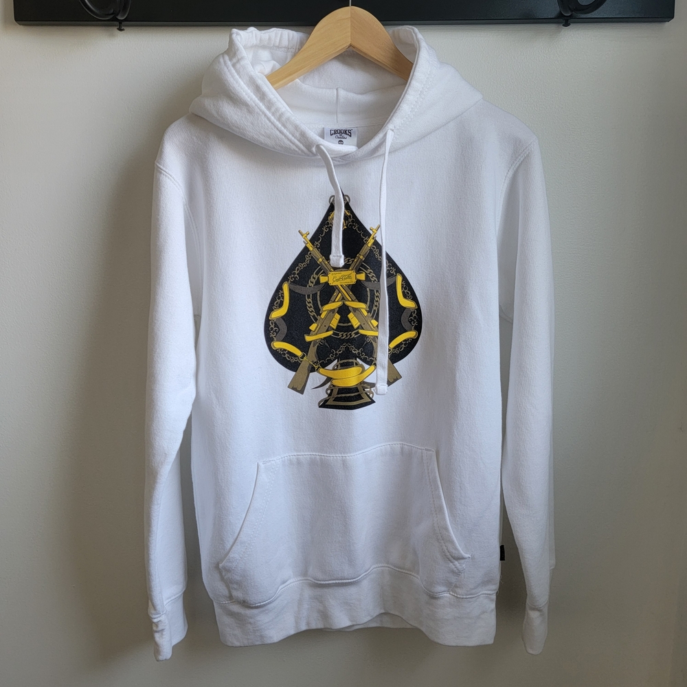 Crooks & Castles White Hoodie with Black and Yellow Design